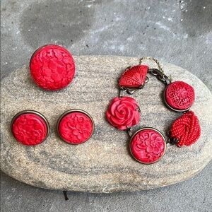 Vintage Jan Michaels Red Cinnabar Carved Jewelry Set